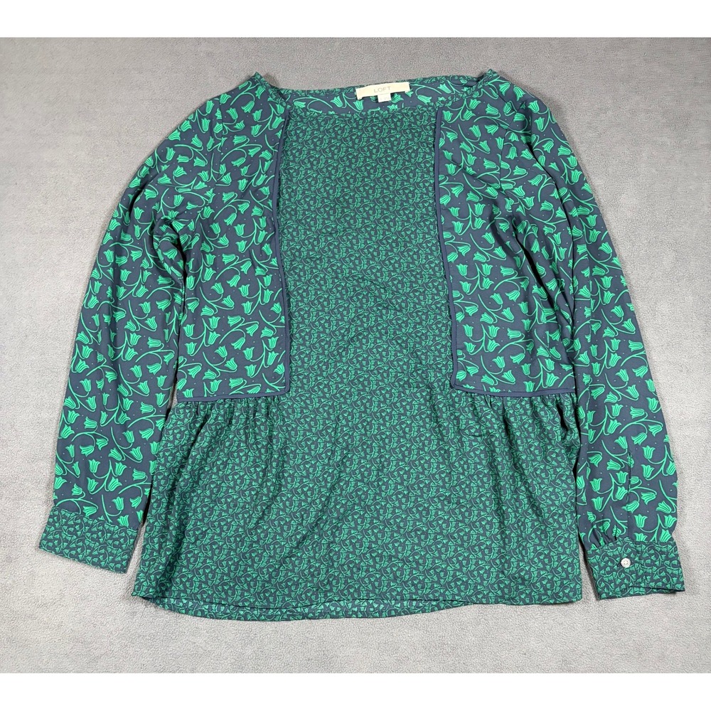 LOFT Blouse Womens Small Green Floral Long Sleeve Peplum Mixed Print Top